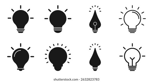 Light bulb icon set. Idea symbol, electric lamp, light, innovation, solution, creative thinking, electricity. Vector illustration isolated on white background. EPS 10