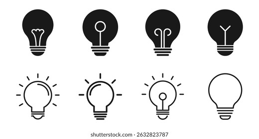 Light bulb icon set. Idea symbol, electric lamp, light, innovation, solution, creative thinking, electricity. Vector illustration isolated on white background. EPS 10