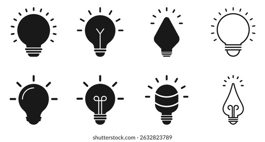 Light bulb icon set. Idea symbol, electric lamp, light, innovation, solution, creative thinking, electricity. Vector illustration isolated on white background. EPS 10