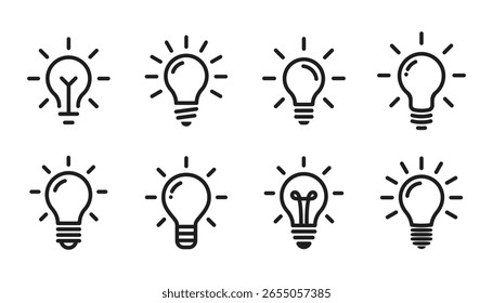 Ícone de lâmpada definido. Ícone de sinal de ideia. Coleção de ícones de lâmpada. Ideia criativa, inovação, solução, pensamento criativo, ícones de eletricidade. Energia e símbolo do pensamento