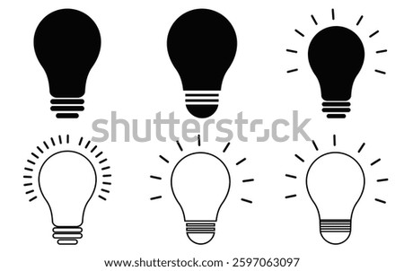 Light Bulb icon set, Idea icon  Black icons lamps or bulb and rays. of vector illustration