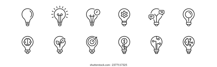 Light bulb icon set. Innovation lightbulb icon. Idea lamp bulb in line. Innovation lamp icon. Editable stroke. Vector illustration.