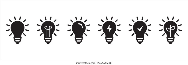 Light bulb icon set. Lamp icons. Idea light bulb symbol collection. Glow light bulb represents ideas and innovation. Simple flat vector stock illustration.