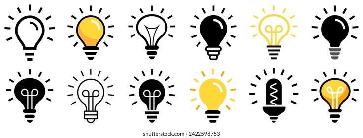 Light Bulb icon set. Lamp flat icon set. Idea Symbol, logo illustration. Different style icons set. Line, solid and filled outline colorful version. Vector illustration
