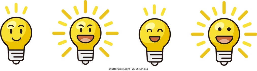 Conjunto de iconos de bombilla. Lámpara con cara. Expresión facial cuando se te ocurre una idea.