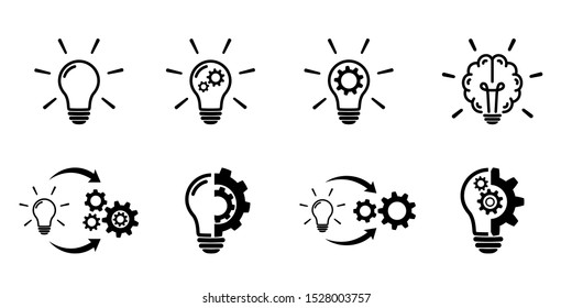 Light bulb icon set on white. Creative, innovation concept icons in flat style. Process, implementation symbols Light bulb with gear line signs Idea symbols Vector illustration for graphic design, Web