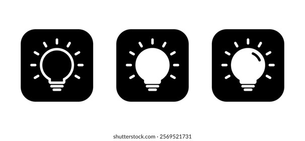 Light bulb icon set on black square. Electric lamp, idea, innovation, solution sign symbol