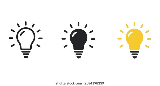 Light bulb icon set on white background. Idea symbol. Electric lamp, light, innovation, solution, creative thinking, electricity. idea symbol, Outline, flat and colored style. Flat design. Bulb vector