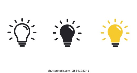 Light bulb icon set on white background. Idea symbol. Electric lamp, light, innovation, solution, creative thinking, electricity. idea symbol, Outline, flat and colored style. Flat design. Bulb vector