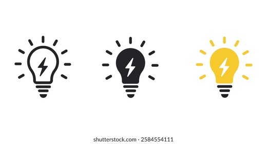Light bulb icon set on light background. Idea symbol. Electric lamp, light, innovation, solution, creative thinking, electricity. Outline, flat and colored style. Flat design. Light bulb icon. vector.