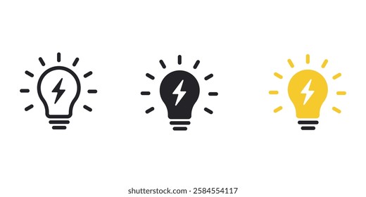 Light bulb icon set on light background. Idea symbol. Electric lamp, light, innovation, solution, creative thinking, electricity. Outline, flat and colored style. Flat design. Light bulb icon. vector.