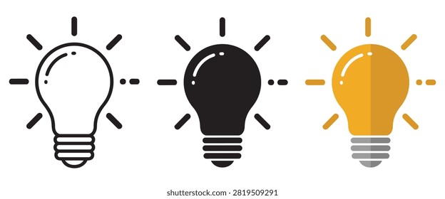 Light bulb icon set showing outline filled and illuminated styles representing ideas creativity innovation and electricity isolated on white background clean vector illustration collection