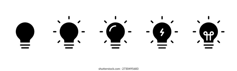 Light bulb icon set solid. Idea and inspiration symbols showing creative thinking and innovation. Energy, insight and solution concepts for business ideas, startups and strategic decision making.