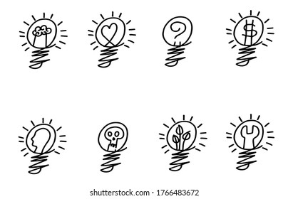 light bulb icon set.brain,love,question,money,head,skull,leaves and wrench.