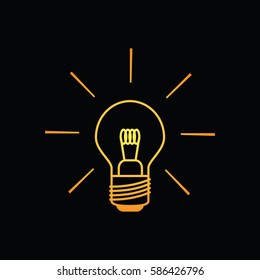 Light bulb icon shining brightly in yellow orange colors on a black background. Minimalistic design.