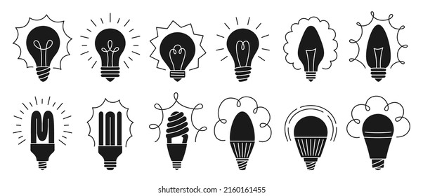 Conjunto de silueta de icono de bombilla. Creatividad de idea de símbolo, innovación, invención moderna. Lámpara clásica de vidrio retro con brillo de rayos, liderada por la ecología, señal de luz económica. Salvando la bombilla eléctrica