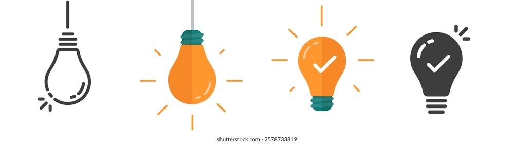 Light bulb icon simple solid pictogram, lightbulb vector hanging on wire with check mark as idea innovation vector graphic minimal line stroke outline set, lamp solution image clip art