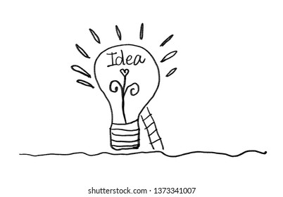 Light bulb icon with staircase vector illustration, black color. Concept or creative thinking, doodle hand drawn sign, cartoon