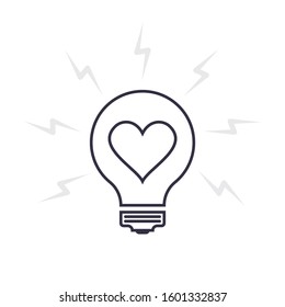 Light bulb icon as a symbol of idea. Outline lamp vector sign with lightning and heart inside. Creative valentines day illustration
