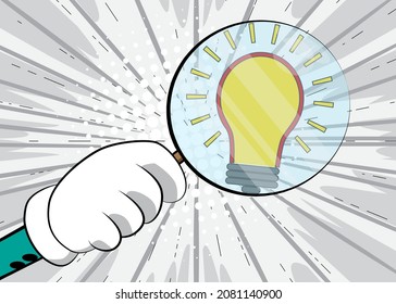 Light Bulb icon under magnifying glass illustration on comic book background. Ideas, idea, success, growth, creativity concept.