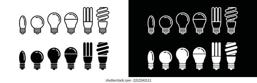 Colección vectorial de iconos de la bombilla. Conjunto de iconos de la línea de la lámpara. Ilustración del símbolo de la lámpara Idea. luces decorativas, bombillas incandescentes, lámparas fluorescentes, lámpara de hilo, silueta de señalización de lámpara LED