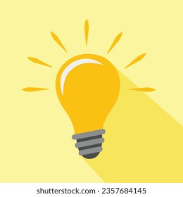 Light bulb icon vector illustration. Idea symbol. Electric lamp, light, inovation, solution, creative thinking, electrictity. Flat design in cartoon style isolated on yellow background.