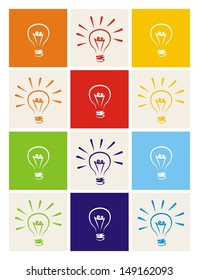 Light bulb icon vector set - hand drawn colorful doodle collection isolated on green, blue, dark denim, beige, red, orange and yellow background. Sign of ecology thinking or creative invention 