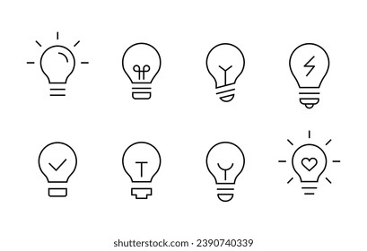 Juego de vectores de icono de bombilla, aislado en fondo blanco. Idea, signo, solución, concepto de pensamiento. Iluminación Lámpara eléctrica. Electricidad, brillo. trazo editable y diseño gráfico plano, sitio web