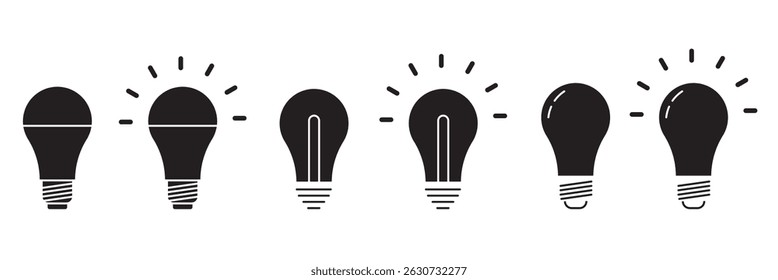 Light bulb icon vector icon set black filled and outlined style.  Collection of different light bulb silhouettes for creative design . eps 10 