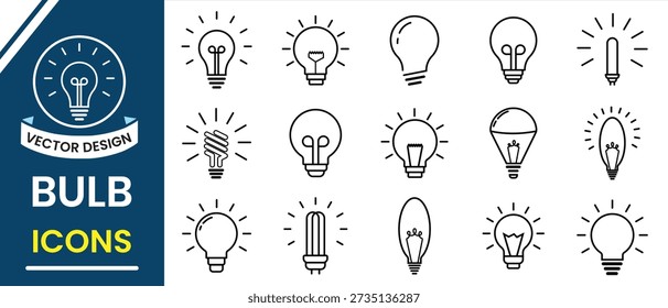 Light bulb icon vector set. Outline icon of electric bulb symbol, modern, energy, creative idea, innovation and think solution sign. Vector illustration.