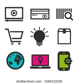 Light bulb icon. Video play symbol. Shopping cart icon. Credit card sign. Globe and Package icons. Eps10 Vector.