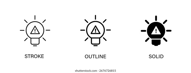 Icono de bombilla con advertencia de energía, electricidad, luz de advertencia, peligro, luz. Iconos de trazo de Vector, contorno y sólidos. Formato EPS 10 incluido