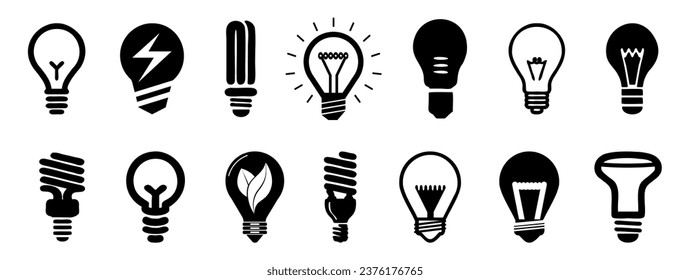 Iconos de bombilla en negro. Idea, solución, símbolos de pensamiento. Iconos de la lámpara eléctrica. Bombilla o iconos de ideas. Bombilla, electricidad, señales de energía