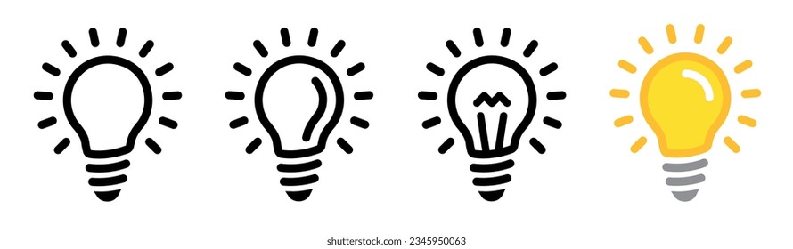 Light bulb icons collection. Llightbulb idea symbols in line and flat styles.  Lamp electricity sign isolated. Vector illustration
