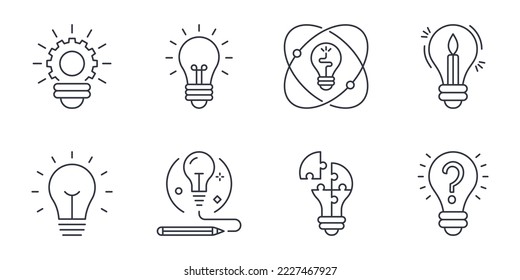 Light bulb icons. Editable stroke. Vector set of graphics elements. Technology idea inspiration symbol. Solution concept. Stock illustration isolated on white background