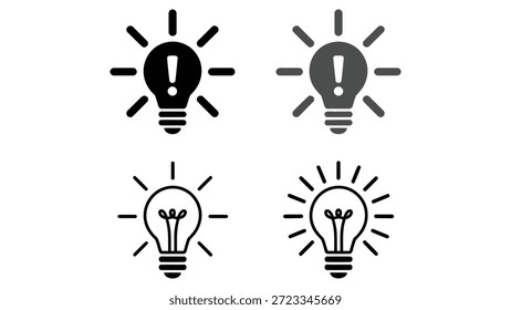 Light bulb icons with exclamation marks and filaments, vector illustration for ideas, alerts, creativity, and innovation concepts