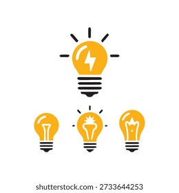 Iconos de la bombilla, símbolo de la idea, concepto de innovación, energía, energía eléctrica, amarillo, negro, conjunto de Vector.
