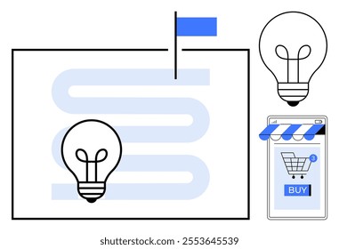 Light bulb icons, a map with a flag, and a smartphone displaying an online shopping cart and Buy button Ideal for e-commerce, online stores, navigation, technology integration, and innovative