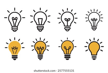 Light bulb icons, minimalist design, black and white, yellow accents, creative concept, idea visualization, innovation symbols, vector graphics, clean lines, variety of filament style