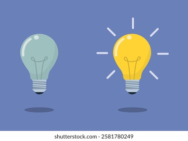 Light bulb icons with off and on showing steps to creativity, concept of getting ideas