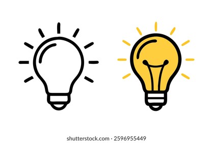 Light Bulb Icons: Outline vs. Yellow Fill - Vector Graphics