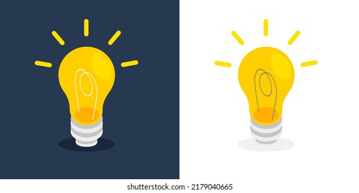 Light bulb icons with rays shine. Idea and creative thinking concept. Vector illustration isolated on white and dark background.