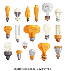 Light bulb icons set, cartoon flat style vector illustration on isolated white background. Design for stickers, logo, web and mobile app. 