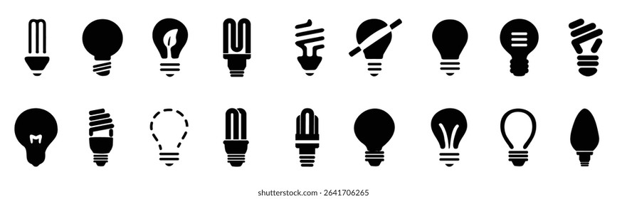 Light bulb icons. Set of different lightbulb icons. Simple light bulb signs. Black lightbulb icons
