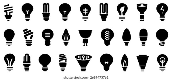Light bulb icons. Set of different lightbulb icons. Simple light bulb signs. Black lightbulb icons