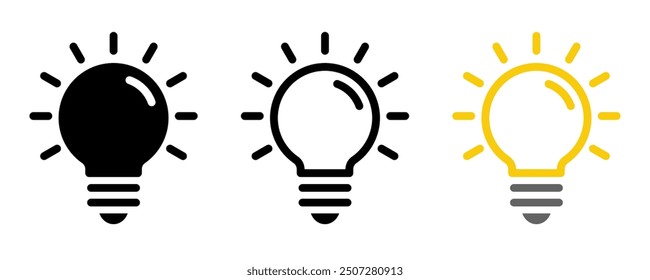 Iconos de la bombilla fijados en el fondo blanco. Símbolo de la idea. Lámpara eléctrica, luz, innovación, solución, pensamiento creativo, electricidad. Esquema, estilo plano y coloreado. Diseño plano.