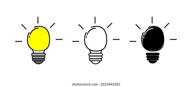 Light bulb icons set on white background. Idea symbol. Electric lamp, light, innovation, solution, creative thinking, electricity. Outline, flat and colored style. 