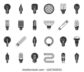 Light bulb icons set. Sign kit of glass lamp. Lightbulb pictograms of modern shape, electricity power, fluorescent glow. Electric equipment simple black symbol isolated on white. Energy vector icon