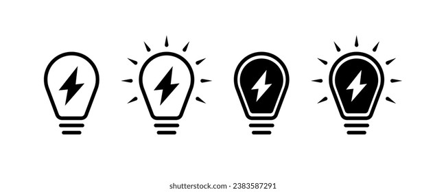 Light bulb icons. Silhouette, black, lightning inside a light bulb, light bulb icons. Vector icons