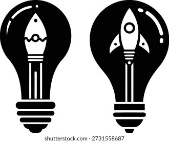 Iconos de bombilla que simbolizan el lanzamiento de la startup y las ideas innovadoras creativas y el concepto de vía rápida. Siluetas de bombilla y cohete para el crecimiento de negocios de ambición y diseños de tecnología.